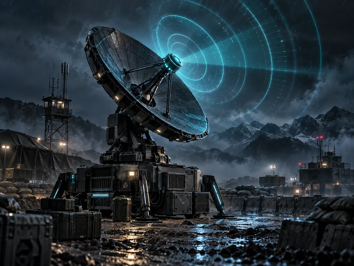 Antena de radar militar bajo un barrido holográfico cian
